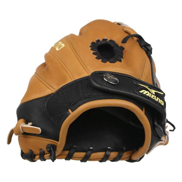 Corner view of a tan and black baseball glove with MIZUNO logo and 1200 visible.