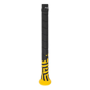 Close-up of a black baseball bat grip with yellow HYPE lettering and a yellow end cap.