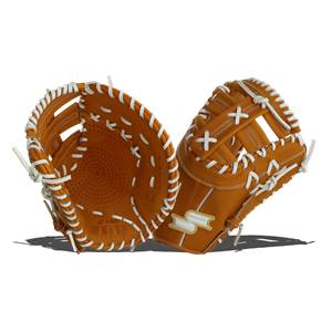 Top-down view of tan baseball mitts with white lacing and SSK branding.