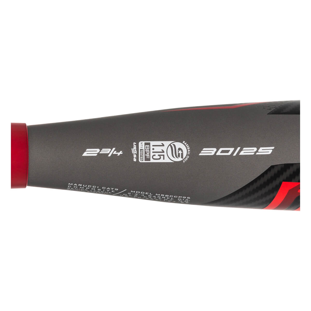 Side view of a black baseball bat with red accents, showing 2 3/4, 1.15 BPF, and 30/25 markings.