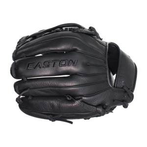 Front view of a black Easton baseball glove with a textured palm and lacing details.