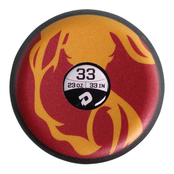 End view of a red and gold fastpitch softball bat with a 33 marking and 23 OZ 33 IN text.