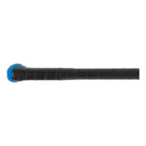 Side view of a black baseball bat with a blue end cap and textured grip.