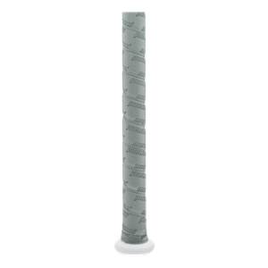 Close-up of a gray baseball bat grip with repeating Marucci branding and a white knob.