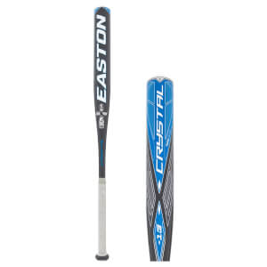 Full and close-up view of a black and blue fastpitch softball bat with EASTON on the barrel and CRYSTAL text.
