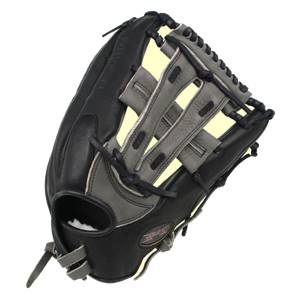 Top-down view of a black and gray baseball glove with yellow lining and black lacing.