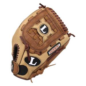 Top-down view of a tan and brown baseball glove with L logos and OMAHA text.