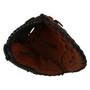 Interior view of a brown Easton Rival Series first base mitt with black lacing and RVB3000 model number.