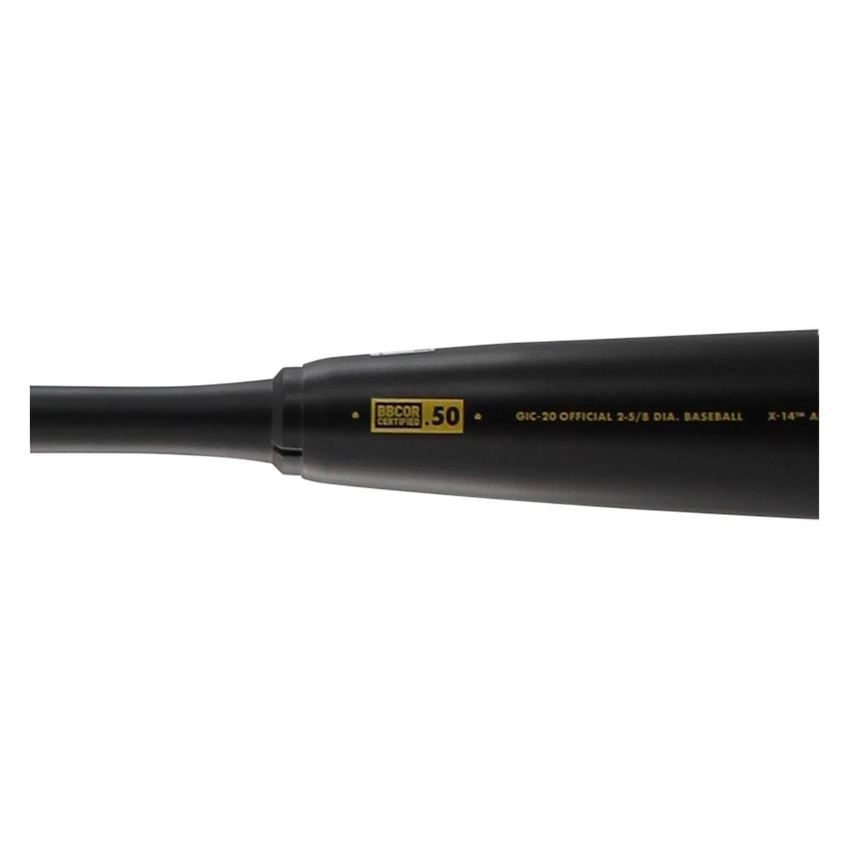 Side view of a black baseball bat with BBCOR CERTIFIED .50 and GIC-20 OFFICIAL 2-5/8 DIA. BASEBALL text.