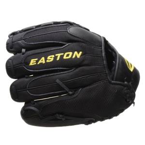 Side view of a black softball glove with yellow Easton branding and a mesh back.