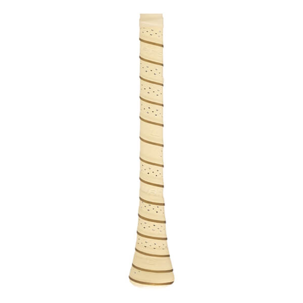 Close-up of a cream bat grip with spiraled dark tan stripes, a perforated surface, and WARSTIC text.
