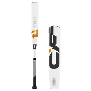 Side view of a white baseball bat with black and orange CF branding and a grey grip.
