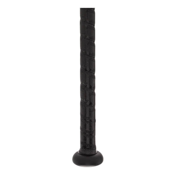 Close-up of a black baseball bat grip with a textured pattern and a black knob.