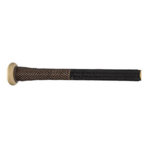 Side view of a gold and black baseball bat with a geometric grip pattern.