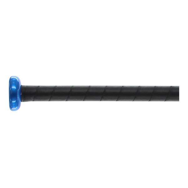 Side view of a black tee ball bat with a blue end cap and textured grip.