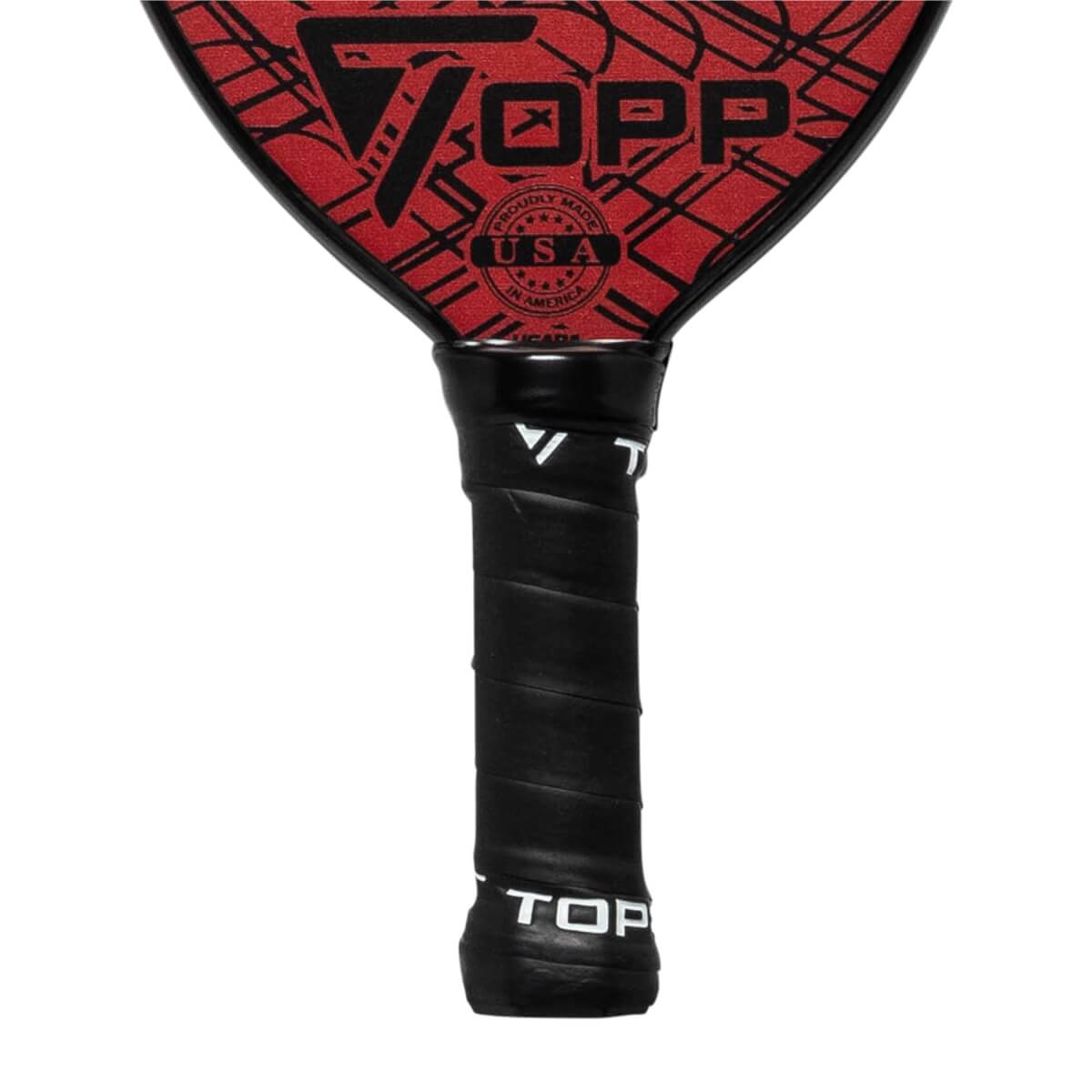 Top-down view of a red pickleball paddle with a black grip and TOPP logo.