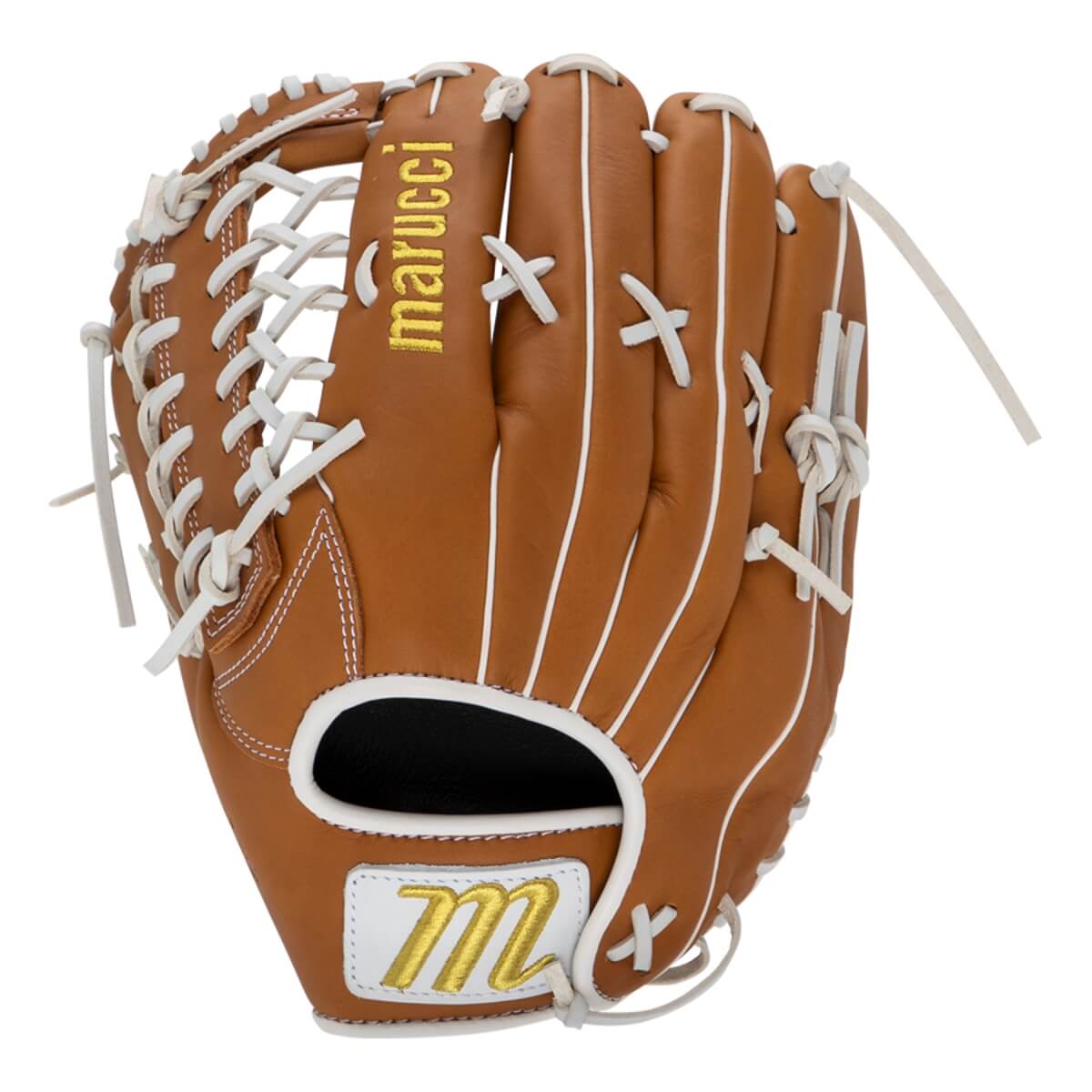 Back view of a tan leather baseball glove featuring white laces, gold 'marucci' script, and a gold 'M' logo on the wrist patch.