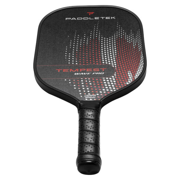 Top-down view of a black pickleball paddle with Paddletek Tempest Wave Pro text and a red and white wave design.