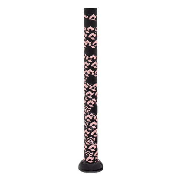 Side view of a black fastpitch softball bat handle with a pink geometric pattern grip and a black knob.