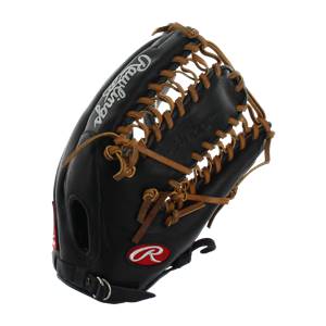 Side view of a black baseball glove with tan lacing and a red R logo.