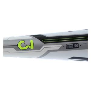 Side view of a white baseball bat with green CJ logo and BBCOR CERTIFIED .50 text.