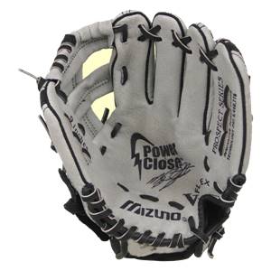 Top-down view of a white baseball glove with black lacing, Mizuno logo, and Power Close text.
