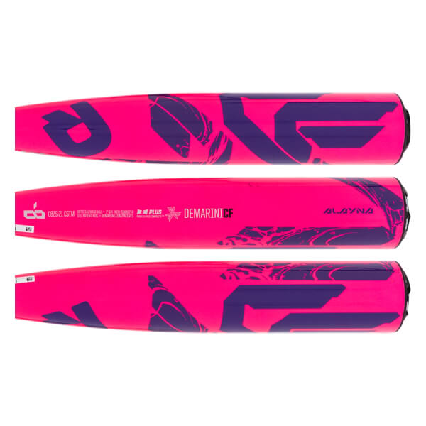 Side view of a pink baseball bat with purple graphics and DEMARINI CF text.