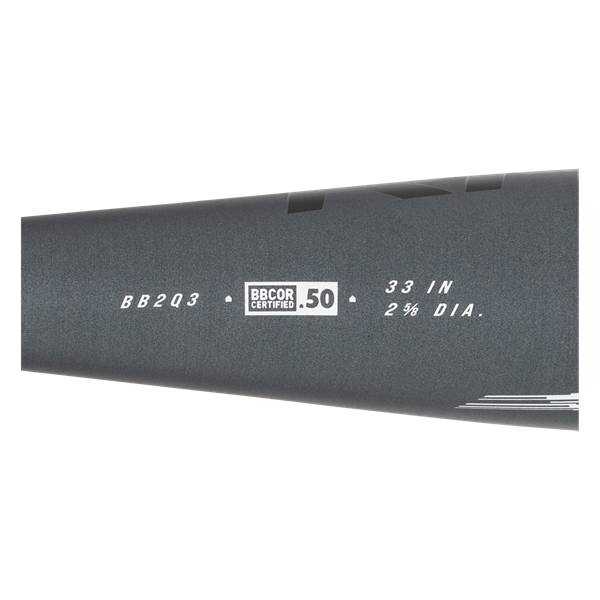 Side view of a gray baseball bat with BB2Q3, BBCOR CERTIFIED .50, and 33 IN 2 5/8 DIA. text.