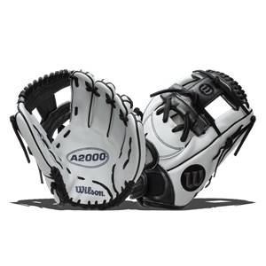 Front view of white and black Wilson A2000 gloves with A2000 and Wilson branding.