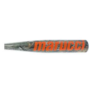 Side view of a camouflage baseball bat with orange Marucci branding.