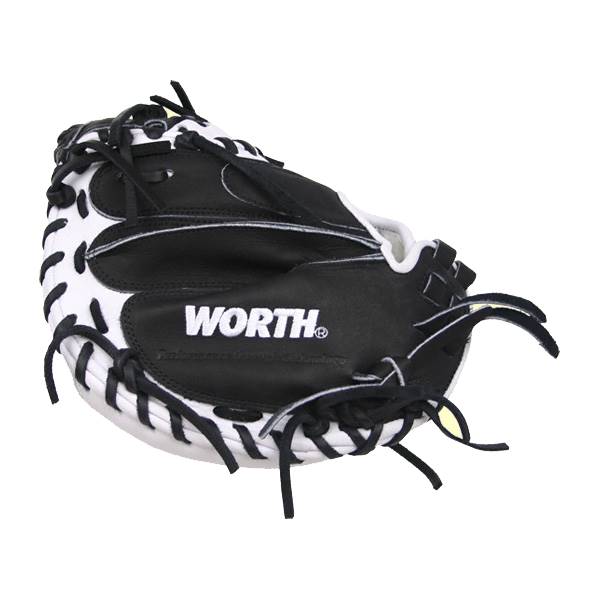 Top-down view of a black and white catchers mitt with WORTH logo and white stitching.