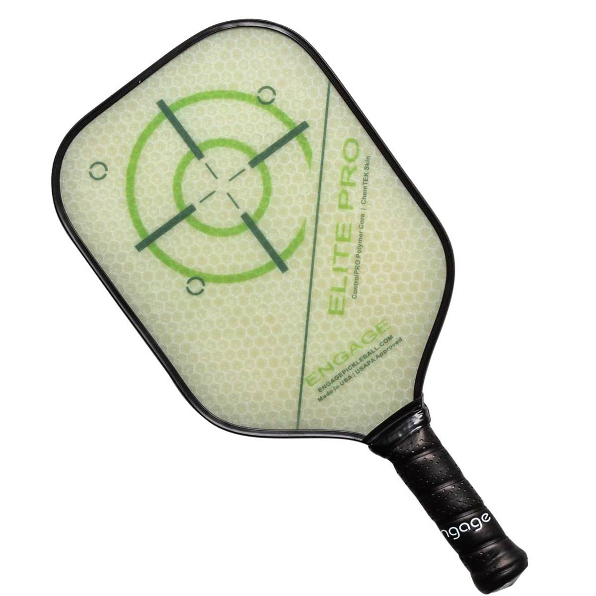 Top-down view of a light green pickleball paddle with a target graphic and ELITE PRO text.