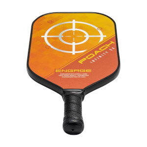 Top-down view of an orange and yellow pickleball paddle with a target design, POACH INFINITY SX, and ENGAGE branding.