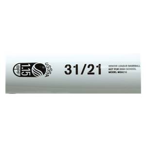Close-up of a white baseball bat with black text including BPF 1.15, USSSA, 31/21, and MODEL MSB210.
