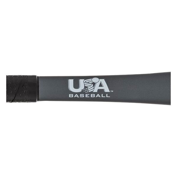 Side view of a gray baseball bat with a black grip and USA BASEBALL text.