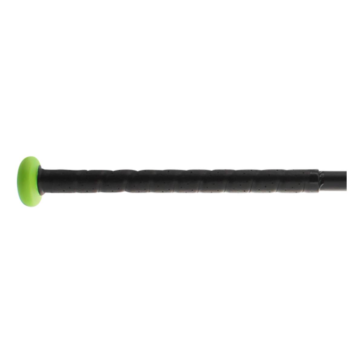 Side view of a black softball bat with a green end cap and perforated grip.