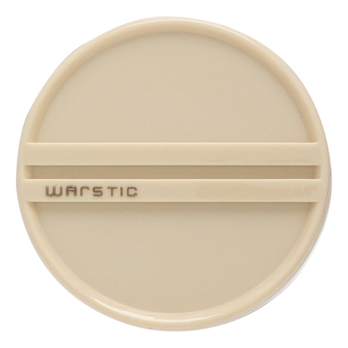 Top-down view of a cream bat end cap with two raised horizontal lines and WARSTIC text.