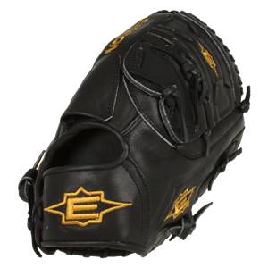 Side view of a black Easton baseball glove with gold embroidered logos and lacing.