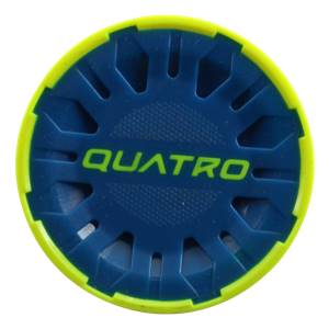 Top-down view of a blue baseball bat end cap with a yellow rim and QUATRO in green text.