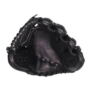 Top-down view of a black baseball glove with BLACKSTONE embossed on the palm and EASTON on the wrist strap.