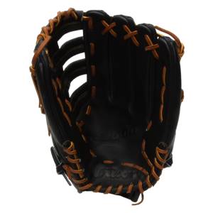 Front view of a black baseball glove with tan lacing and Wilson branding.