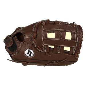 Side view of a brown softball glove with white stitching and a logo.