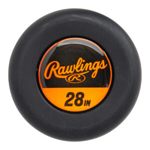 Top-down view of a black baseball bat end cap with orange Rawlings logo and 28 IN text.