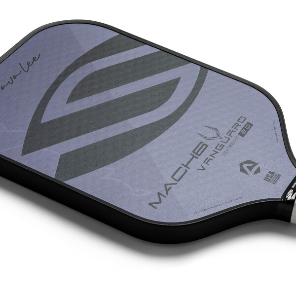 Top-down view of a grey pickleball paddle with a large V-shaped graphic, MACH6 VANGUARD 2.0, and USA APPROVED text.