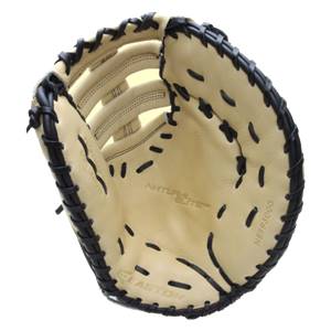 Top-down view of a tan Easton Natural Elite first base mitt with black lacing and NEFP3000 text.