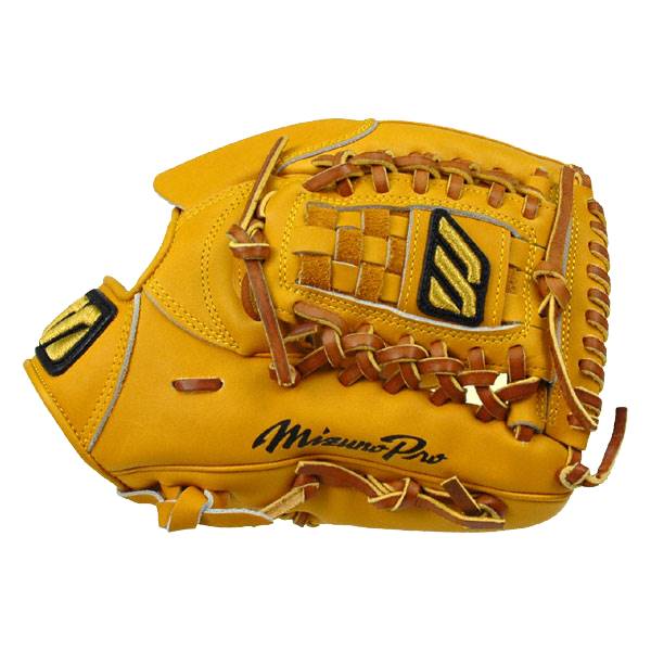 Side view of a tan Mizuno Pro baseball glove with a woven pocket and black logo.