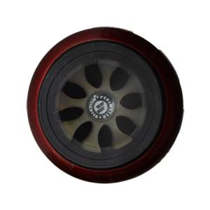 Top-down view of a red baseball bat end cap with a black perimeter and a clear center showing eight spokes and PERIMETER WEIGHTED text.
