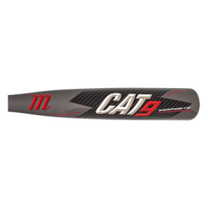 Side view of a gray baseball bat with red m logo, white CAT9 text, and black carbon fiber pattern.