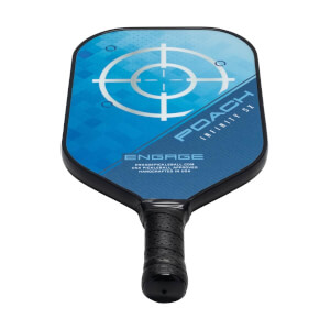Front view of a blue pickleball paddle with a target design, POACH INFINITY SX text, and ENGAGE logo.