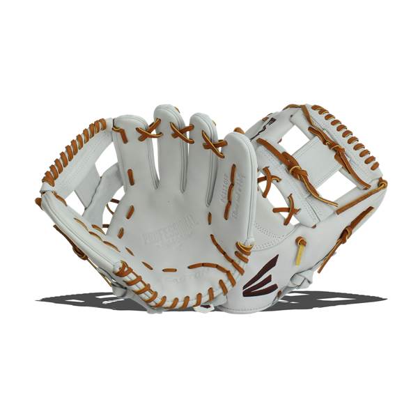 Front view of a white Easton Professional Collection fastpitch softball glove with brown lacing and Easton logo.